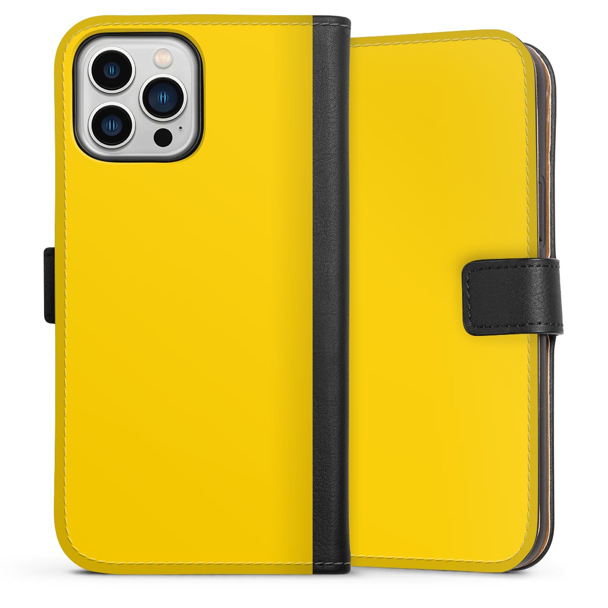 iPhone 13 Pro Max Handy Klapphülle Handyhülle aus Kunst Leder schwarz Flip Case Yellow Unicoloured Colour Sideflip mit Lasche