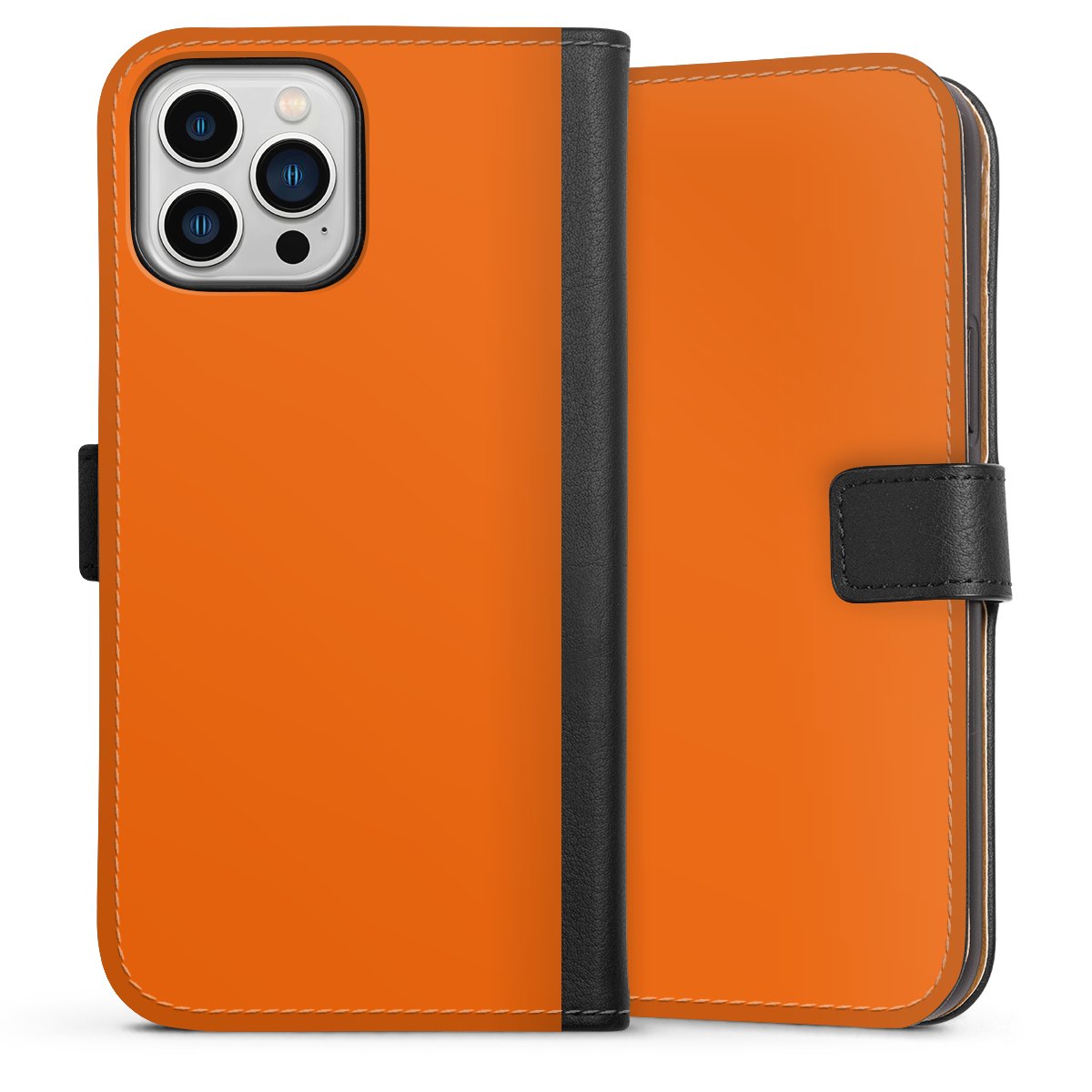 iPhone 13 Pro Max Handy Klapphülle Handyhülle aus Kunst Leder schwarz Flip Case Orange Colour Unicoloured Sideflip mit Lasche