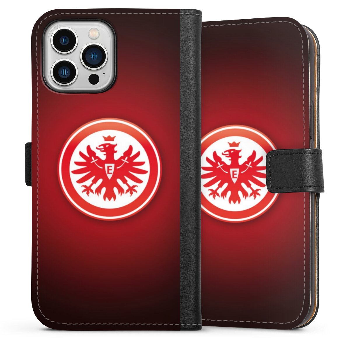 iPhone 13 Pro Max Handy Klapphülle Handyhülle aus Kunst Leder schwarz Flip Case Eintracht Frankfurt Official Licensed Product Coat Of Arms Sideflip mit Lasche