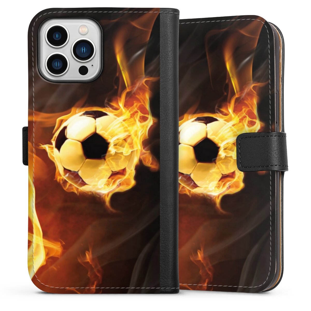 iPhone 13 Pro Max Handy Klapphülle Handyhülle aus Kunst Leder schwarz Flip Case Ball Fire Soccer Sideflip mit Lasche