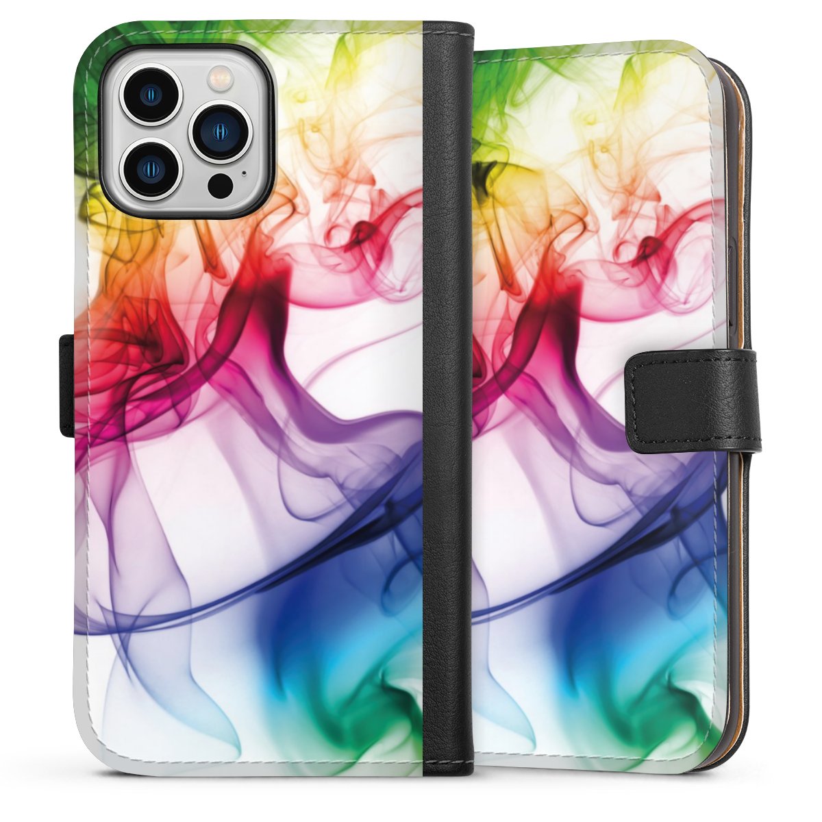 iPhone 13 Pro Max Handy Klapphülle Handyhülle aus Kunst Leder schwarz Flip Case Water Colour Rainbow Sideflip mit Lasche