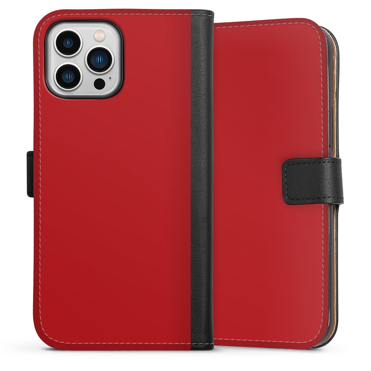 iPhone 13 Pro Max Handy Klapphülle Handyhülle aus Kunst Leder schwarz Flip Case Colour Unicoloured Red Sideflip mit Lasche