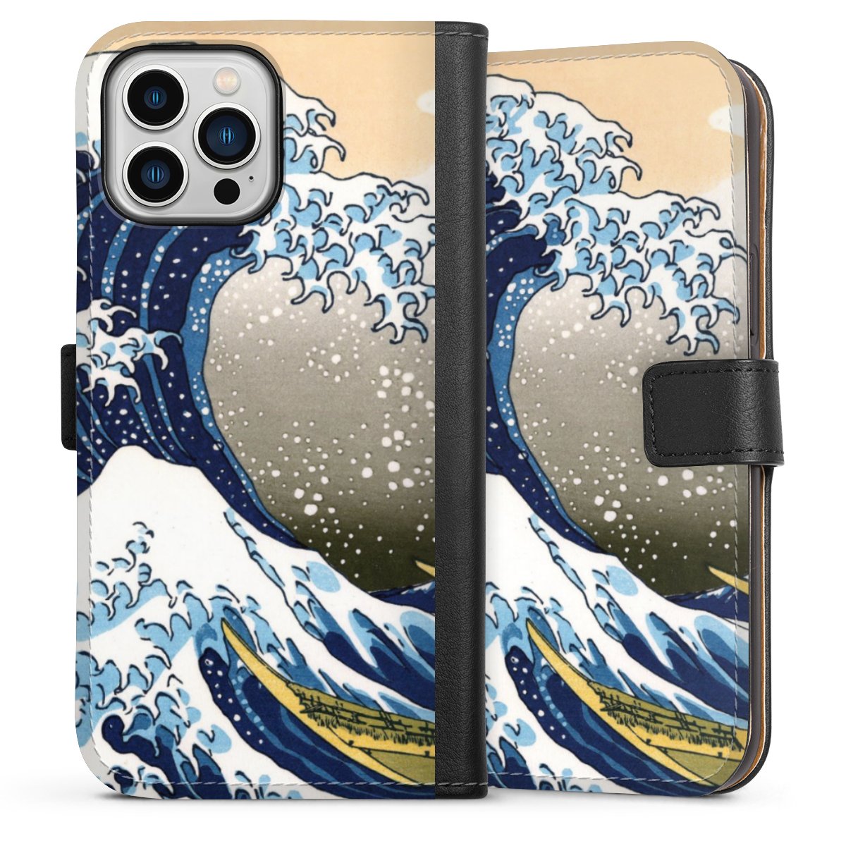 iPhone 13 Pro Max Handy Klapphülle Handyhülle aus Kunst Leder schwarz Flip Case Kunst Katsushika Hokusai Die Große Welle Vor Kanagawa Sideflip mit Lasche