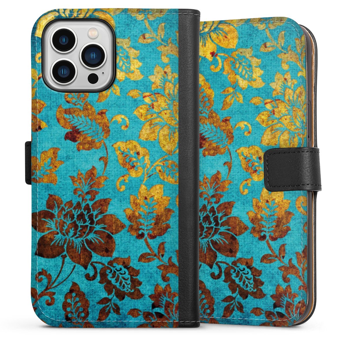 iPhone 13 Pro Max Handy Klapphülle Handyhülle aus Kunst Leder schwarz Flip Case Ornament Vintage Flowers Sideflip mit Lasche