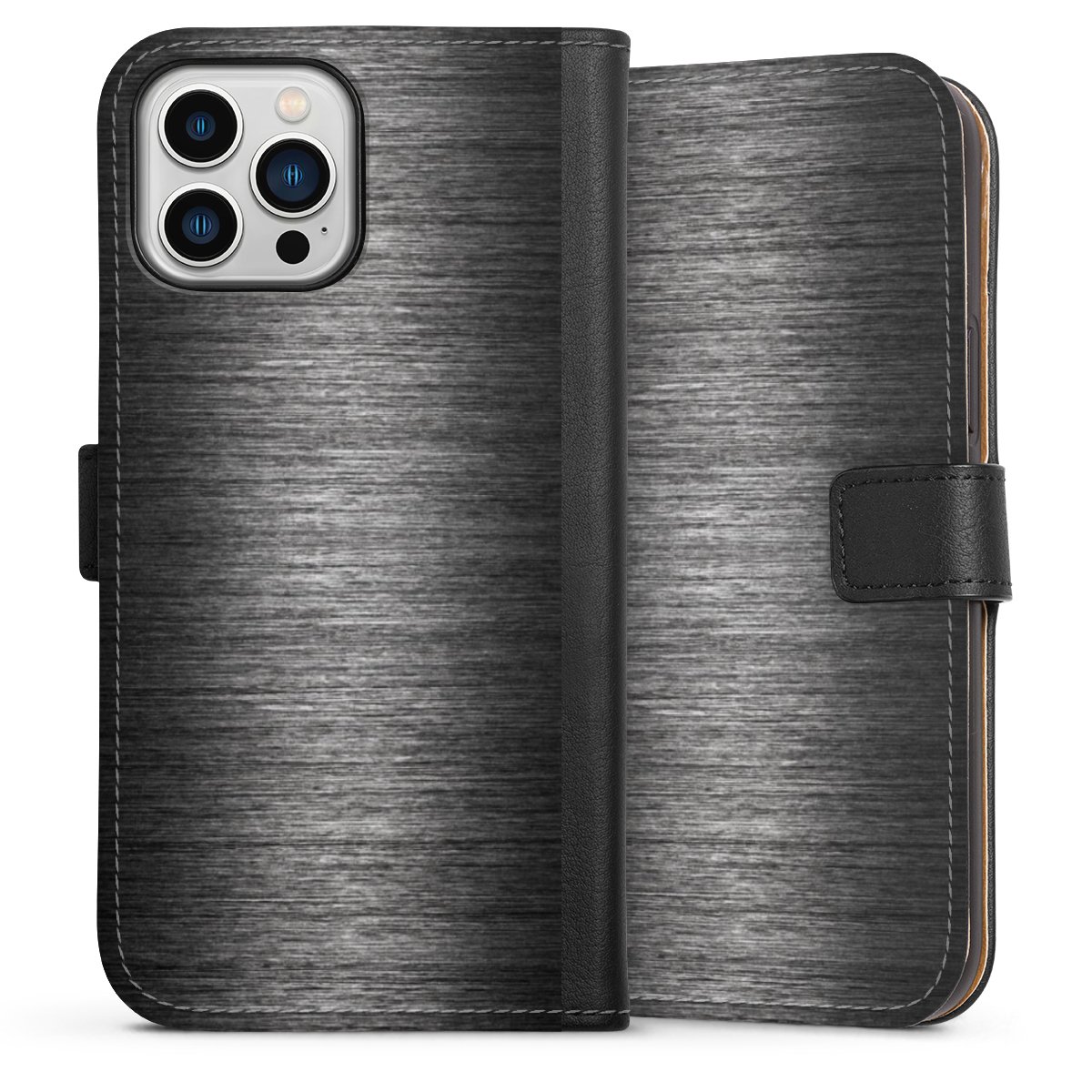 iPhone 13 Pro Max Handy Klapphülle Handyhülle aus Kunst Leder schwarz Flip Case Metallic Look Anthracite Metal Sideflip mit Lasche