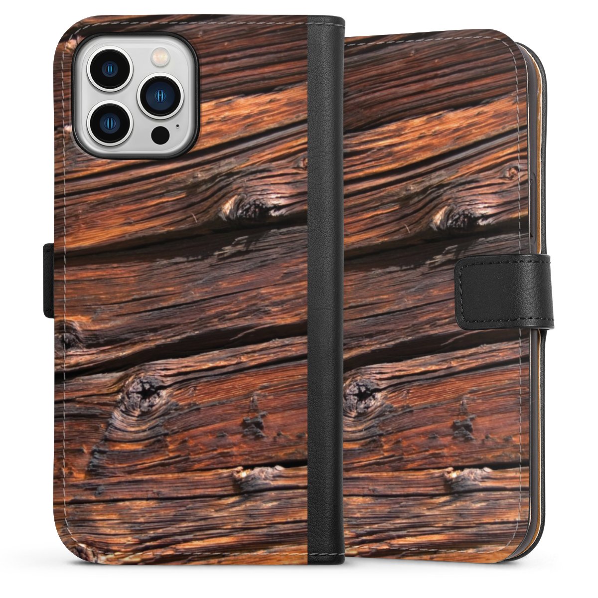 iPhone 13 Pro Max Handy Klapphülle Handyhülle aus Kunst Leder schwarz Flip Case Beams Wooden Look Wood Sideflip mit Lasche