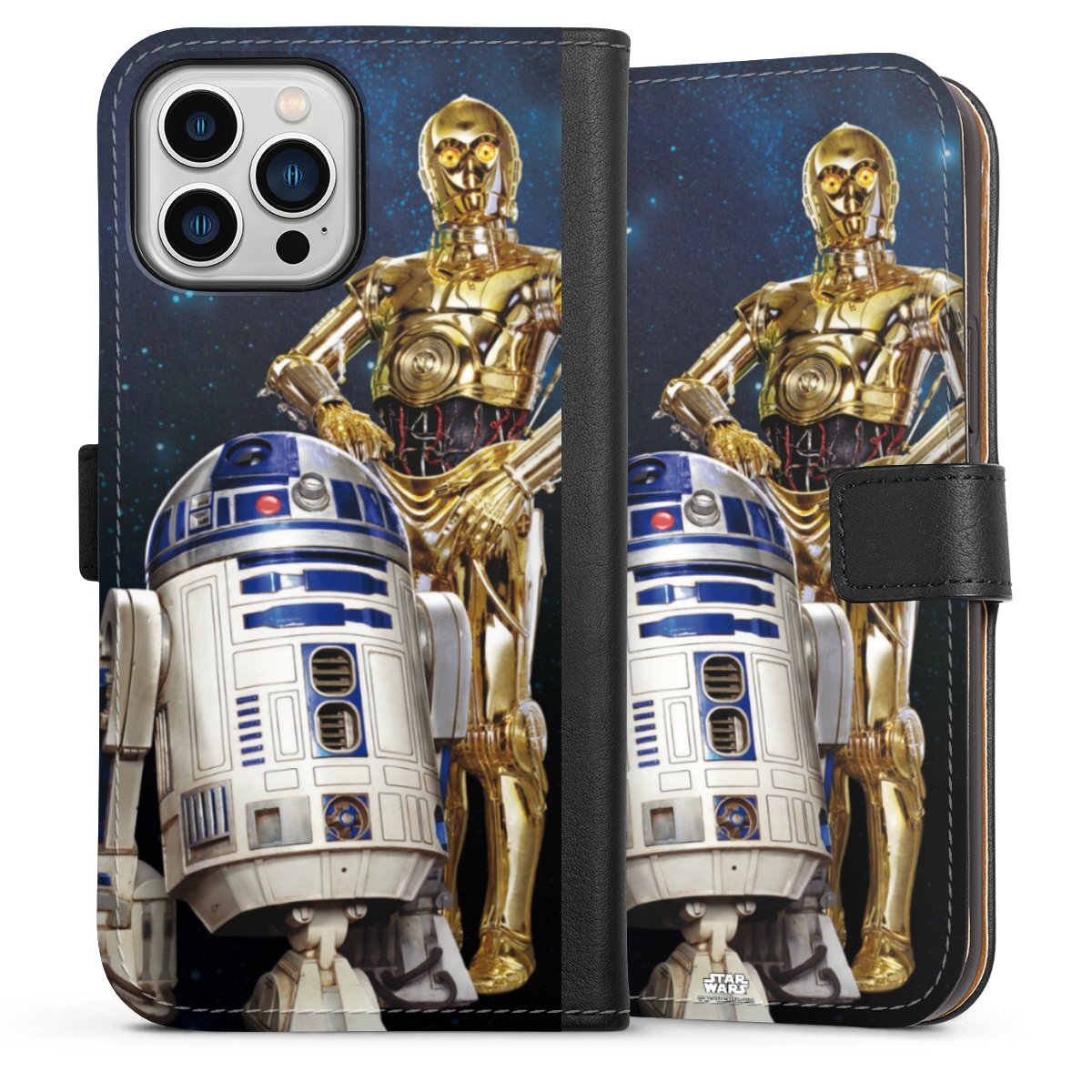 iPhone 13 Pro Max Handy Klapphülle Handyhülle aus Kunst Leder schwarz Flip Case Weltall Star Wars R2d2 Sideflip mit Lasche