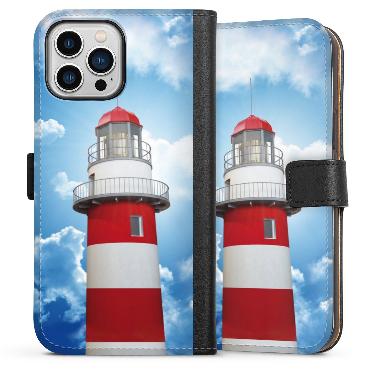 iPhone 13 Pro Max Handy Klapphülle Handyhülle aus Kunst Leder schwarz Flip Case Lighthouse Sky Cloud Sideflip mit Lasche