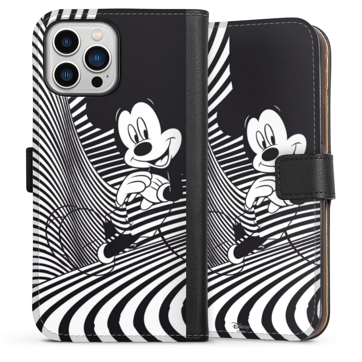 iPhone 13 Pro Max Handy Klapphülle Handyhülle aus Kunst Leder schwarz Flip Case Disney Official Licensed Product Mickey Mouse Sideflip mit Lasche