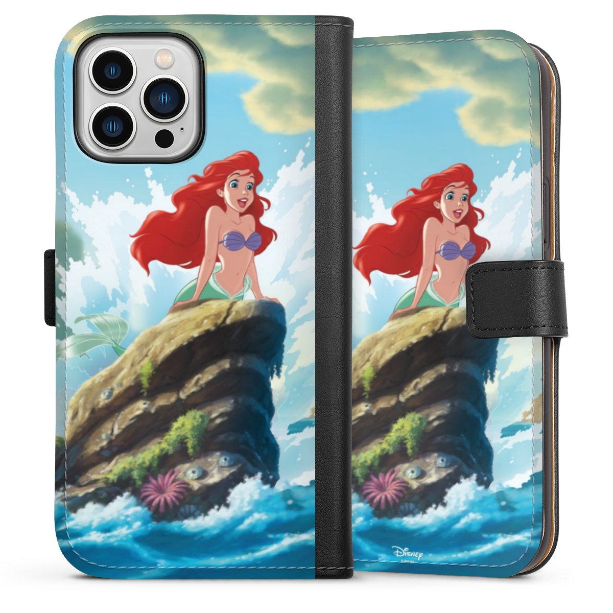 iPhone 13 Pro Max Handy Klapphülle Handyhülle aus Kunst Leder schwarz Flip Case Mermaid Arielle Die Meerjungfrau Official Licensed Product Sideflip mit Lasche