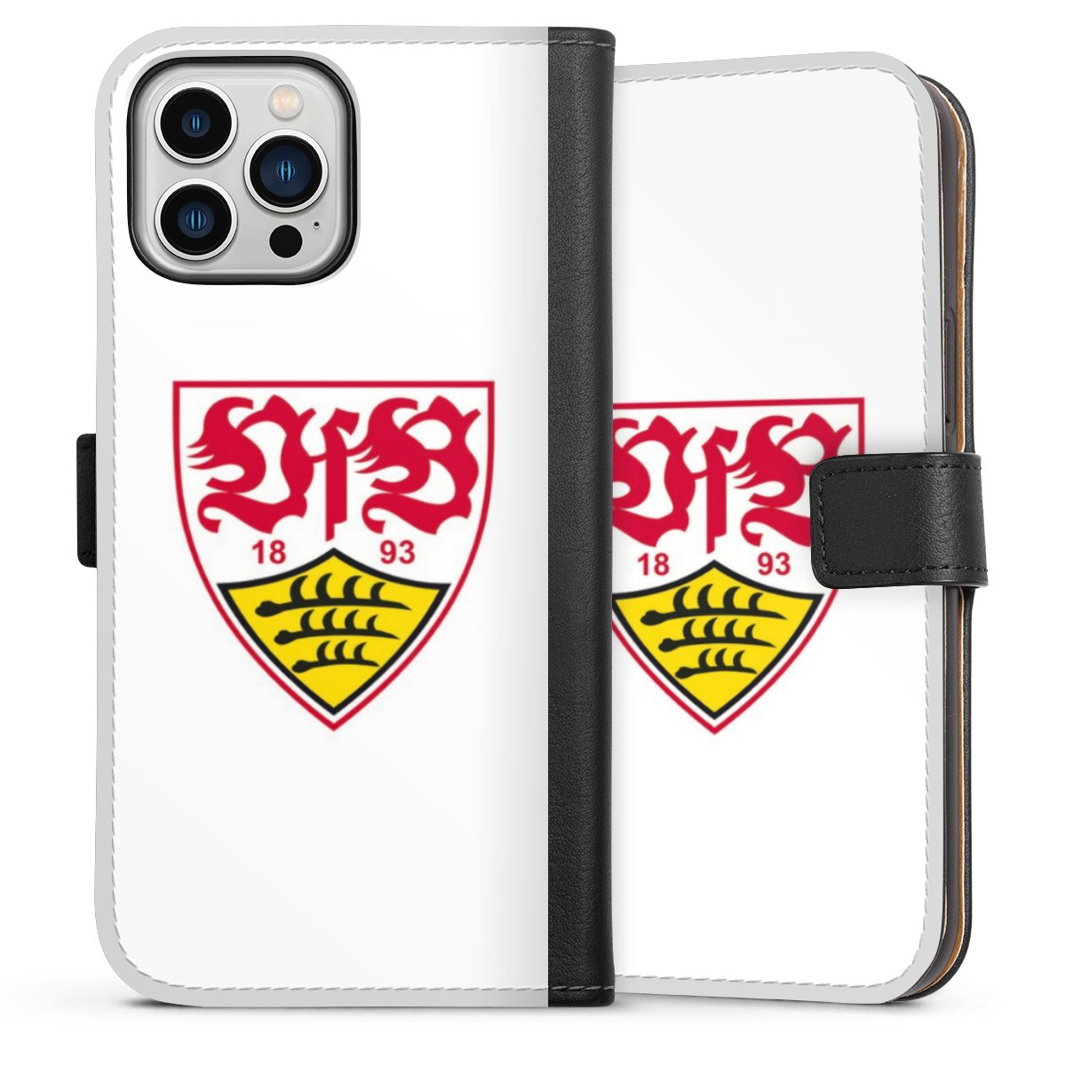 iPhone 13 Pro Max Handy Klapphülle Handyhülle aus Kunst Leder schwarz Flip Case Logo Official Licensed Product Vfb Stuttgart Sideflip mit Lasche