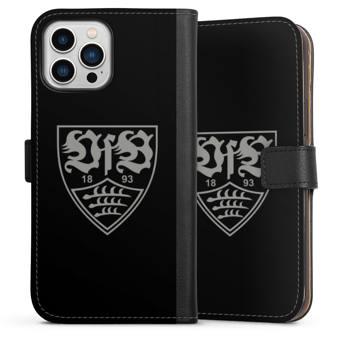 iPhone 13 Pro Max Handy Klapphülle Handyhülle aus Kunst Leder schwarz Flip Case Official Licensed Product Vfb Stuttgart Sideflip mit Lasche