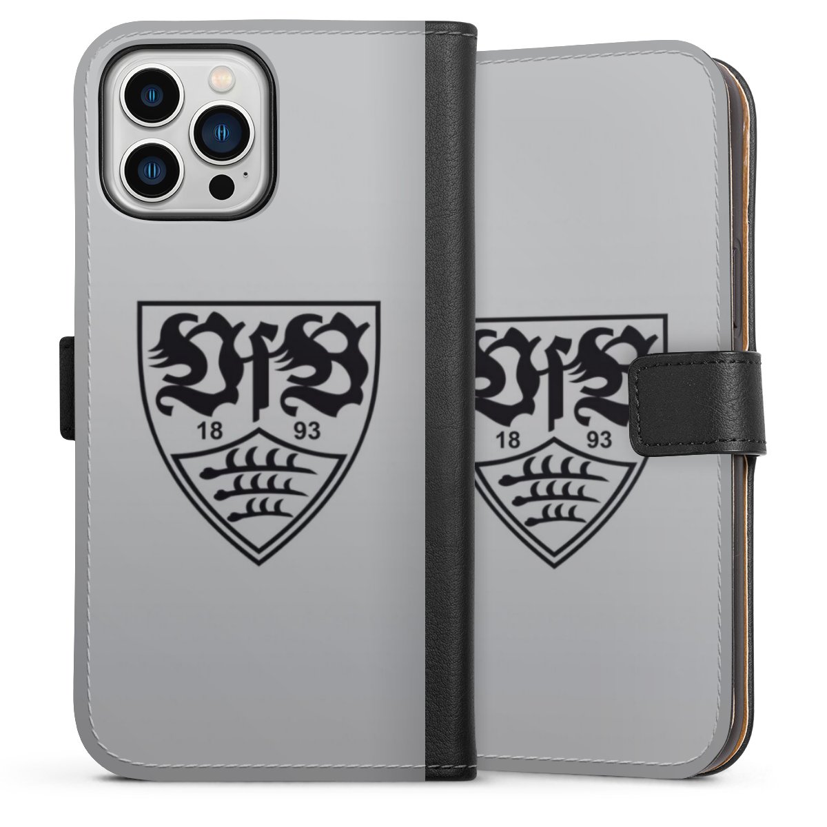 iPhone 13 Pro Max Handy Klapphülle Handyhülle aus Kunst Leder schwarz Flip Case Logo Vfb Stuttgart Official Licensed Product Sideflip mit Lasche