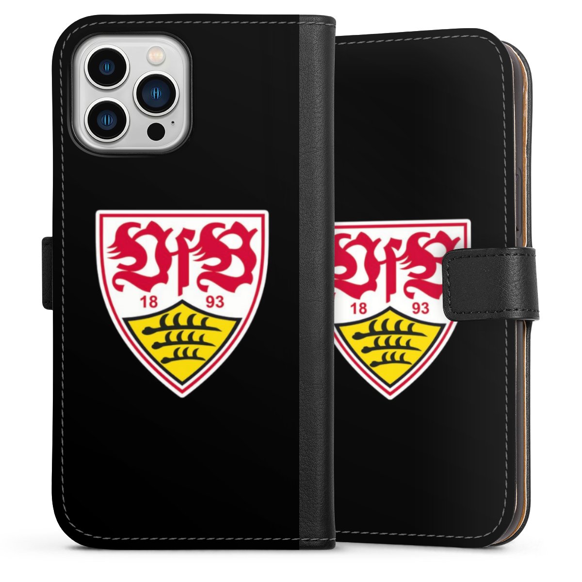 iPhone 13 Pro Max Handy Klapphülle Handyhülle aus Kunst Leder schwarz Flip Case Vfb Stuttgart Official Licensed Product Coat Of Arms Sideflip mit Lasche