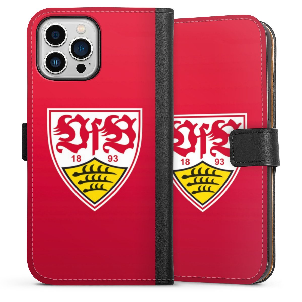 iPhone 13 Pro Max Handy Klapphülle Handyhülle aus Kunst Leder schwarz Flip Case Official Licensed Product Vfb Stuttgart Sideflip mit Lasche