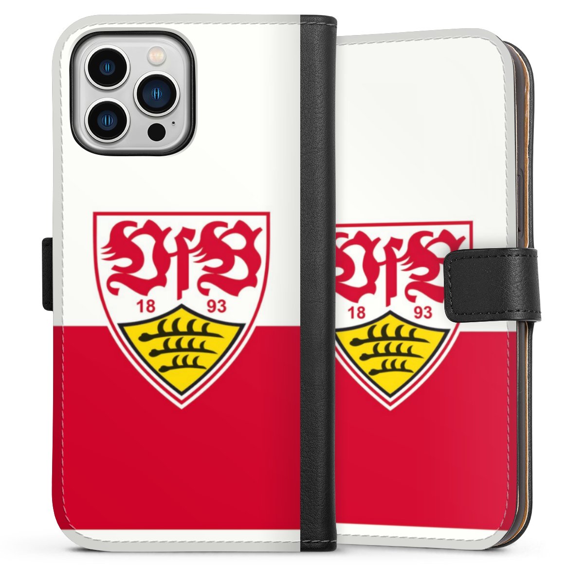 iPhone 13 Pro Max Handy Klapphülle Handyhülle aus Kunst Leder schwarz Flip Case Official Licensed Product Logo Vfb Stuttgart Sideflip mit Lasche