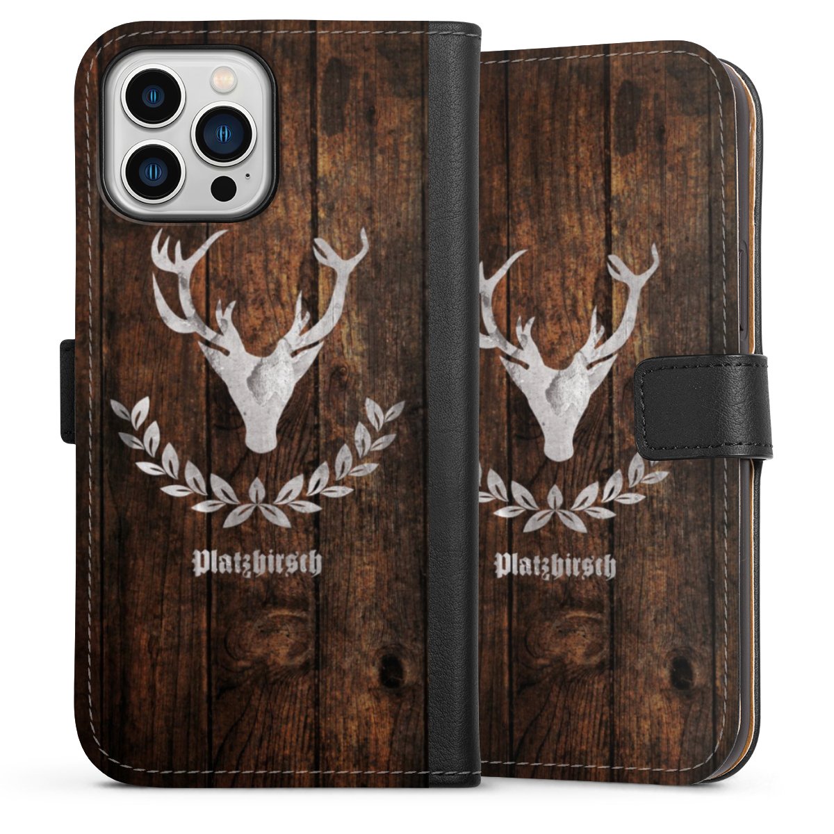 iPhone 13 Pro Max Handy Klapphülle Handyhülle aus Kunst Leder schwarz Flip Case Deer Wood Wooden Look Sideflip mit Lasche