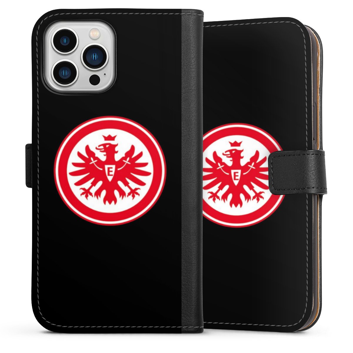 iPhone 13 Pro Max Handy Klapphülle Handyhülle aus Kunst Leder schwarz Flip Case Eintracht Frankfurt Sge Eagle Sideflip mit Lasche