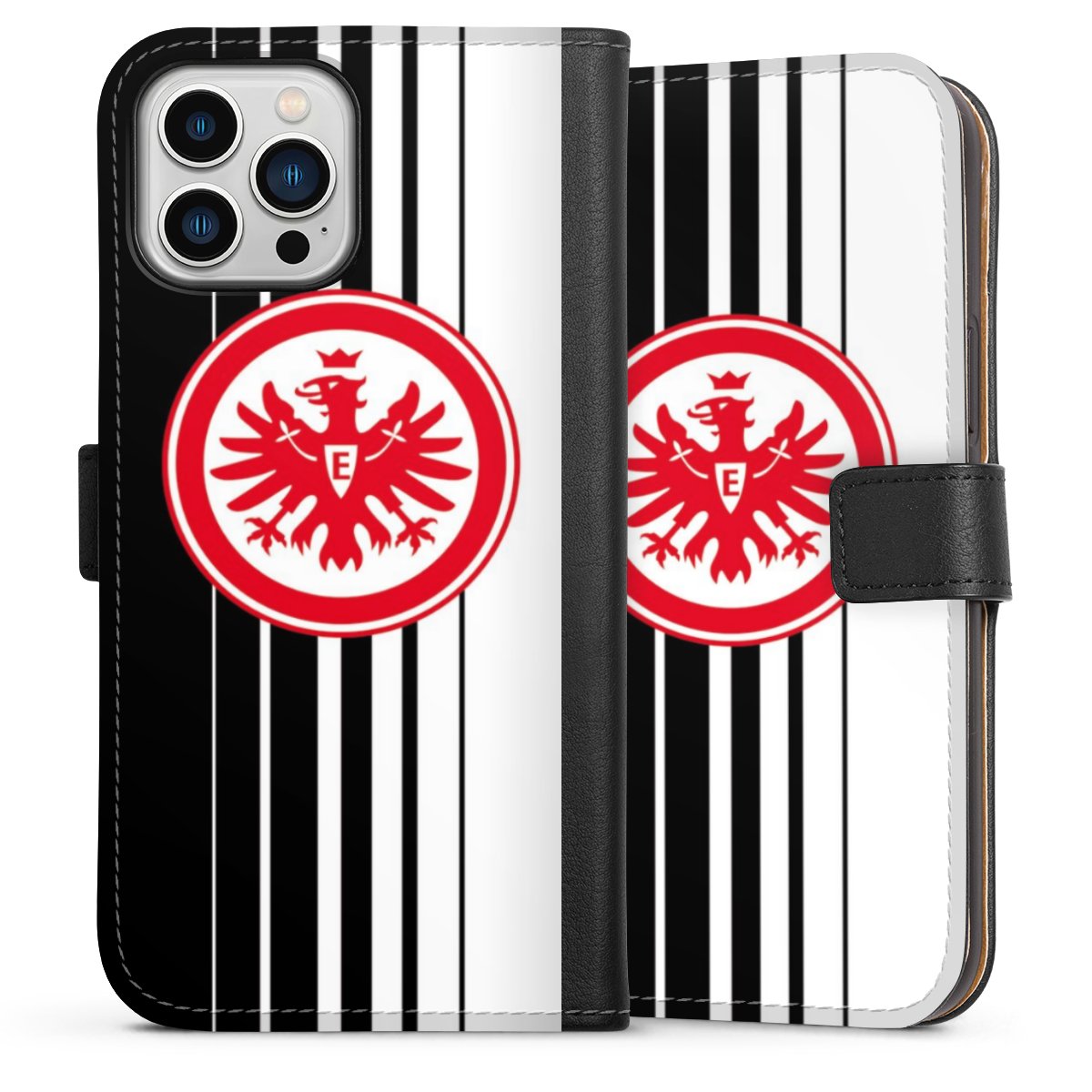 iPhone 13 Pro Max Handy Klapphülle Handyhülle aus Kunst Leder schwarz Flip Case Stripes Eintracht Frankfurt Official Licensed Product Sideflip mit Lasche