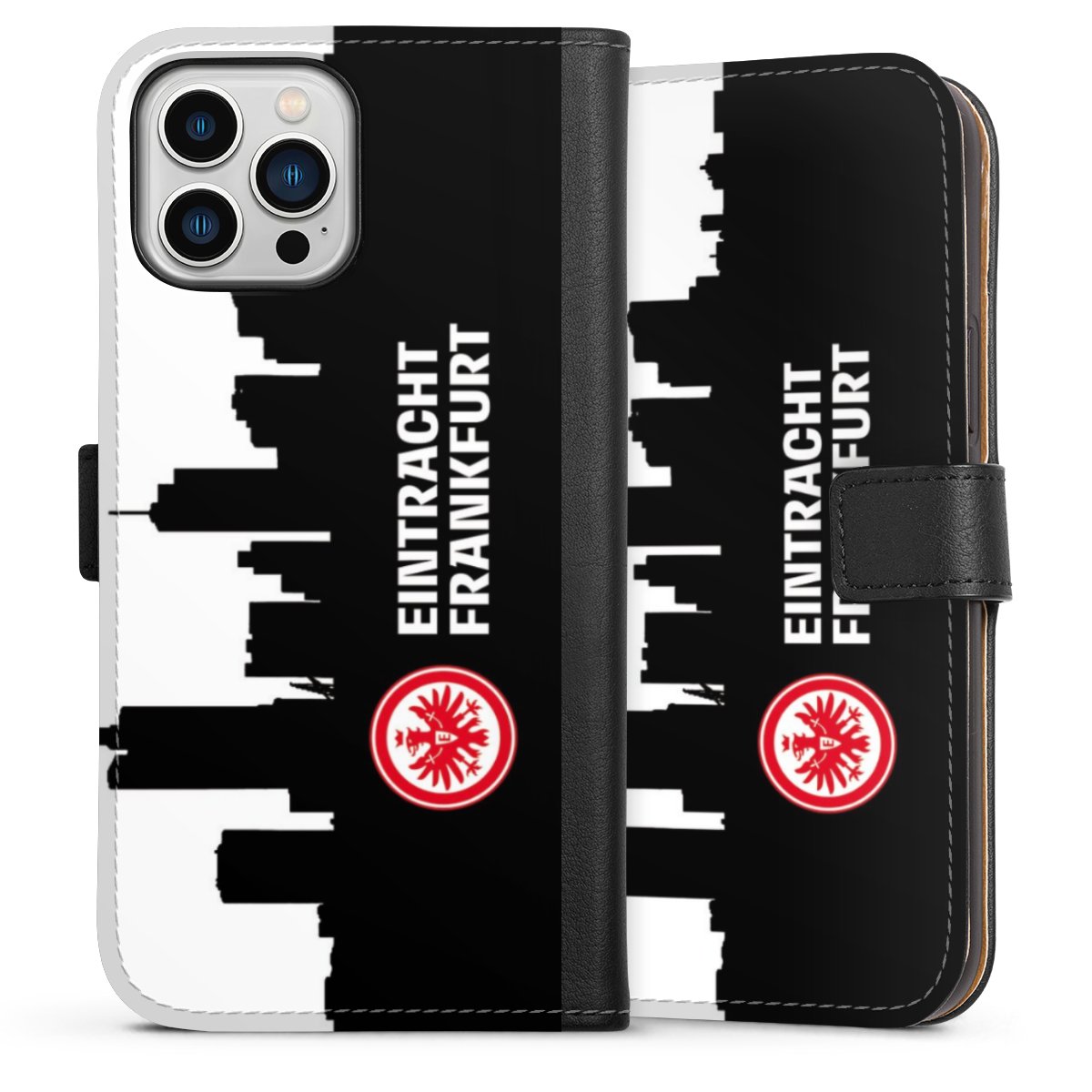 iPhone 13 Pro Max Handy Klapphülle Handyhülle aus Kunst Leder schwarz Flip Case Sge Eintracht Frankfurt Official Licensed Product Sideflip mit Lasche