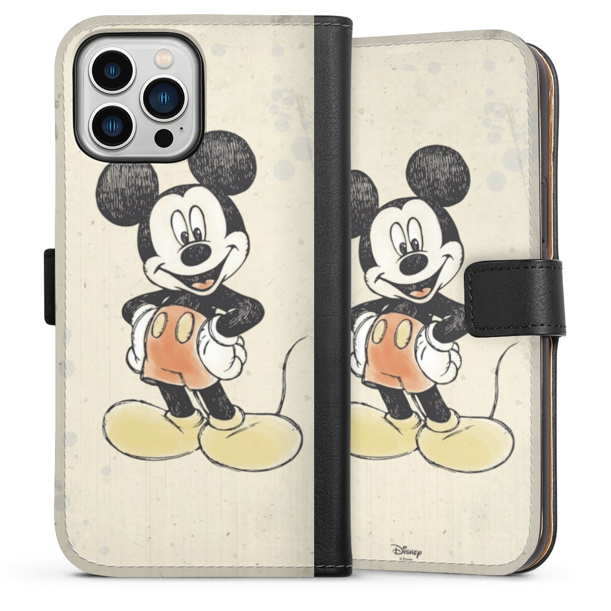 iPhone 13 Pro Max Handy Klapphülle Handyhülle aus Kunst Leder schwarz Flip Case Water Colour Mickey & Minnie Mouse Official Licensed Product Sideflip mit Lasche