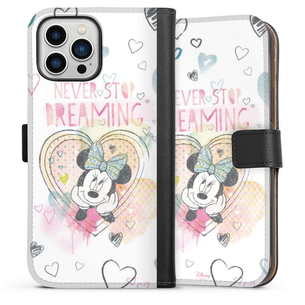 iPhone 13 Pro Max Handy Klapphülle Handyhülle aus Kunst Leder schwarz Flip Case Disney Official Licensed Product Minnie Mouse Sideflip mit Lasche