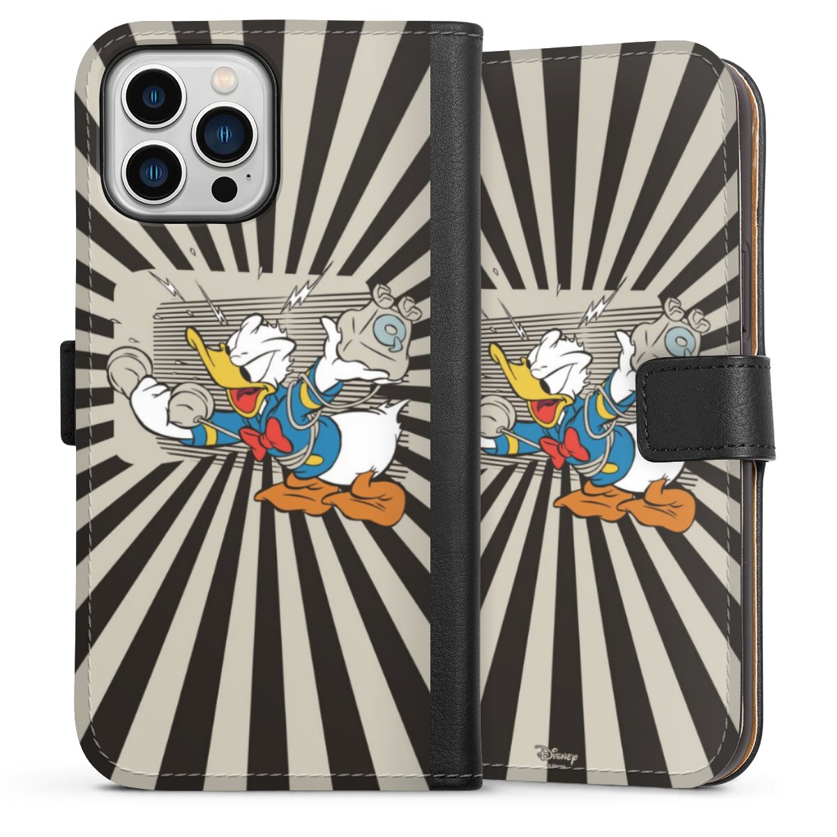 iPhone 13 Pro Max Handy Klapphülle Handyhülle aus Kunst Leder schwarz Flip Case Donald Duck Disney Official Licensed Product Sideflip mit Lasche