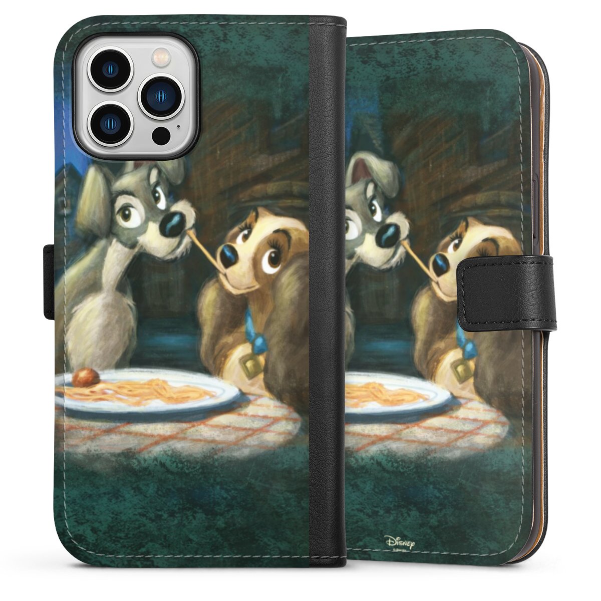 iPhone 13 Pro Max Handy Klapphülle Handyhülle aus Kunst Leder schwarz Flip Case Lady And The Tramp Official Licensed Product Disney Sideflip mit Lasche