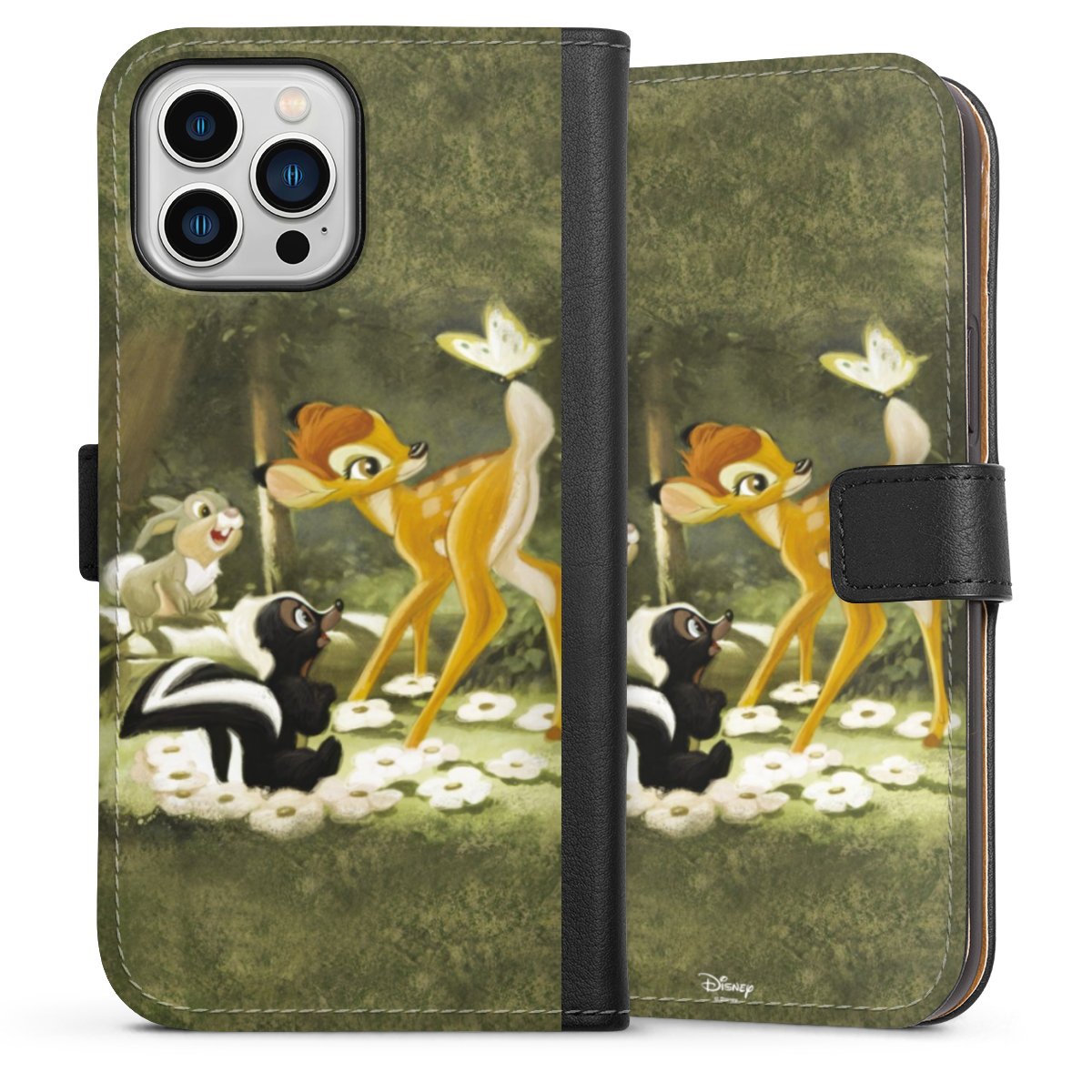 iPhone 13 Pro Max Handy Klapphülle Handyhülle aus Kunst Leder schwarz Flip Case Disney Official Licensed Product Bambi Sideflip mit Lasche