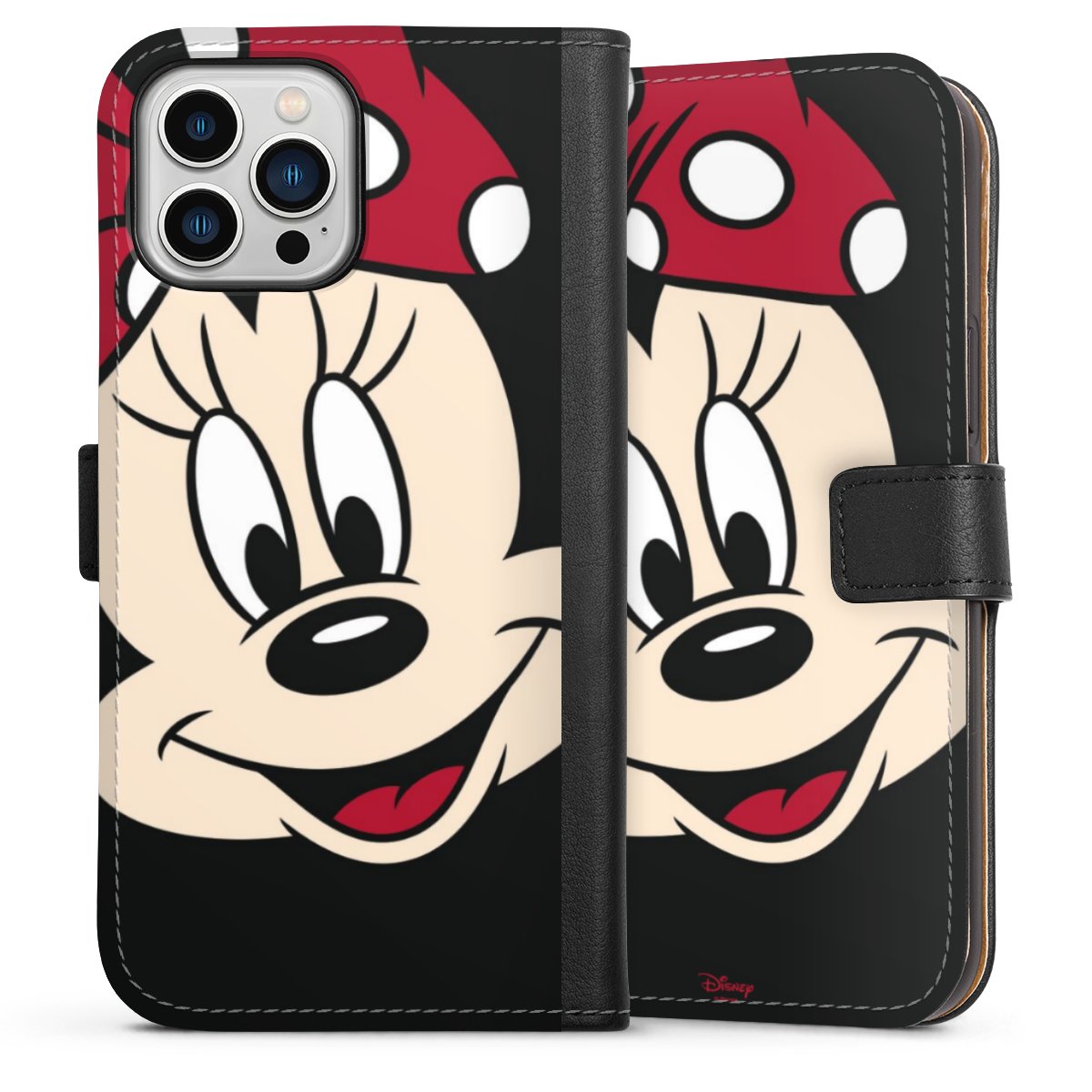 iPhone 13 Pro Max Handy Klapphülle Handyhülle aus Kunst Leder schwarz Flip Case Minnie Mouse Official Licensed Product Disney Sideflip mit Lasche