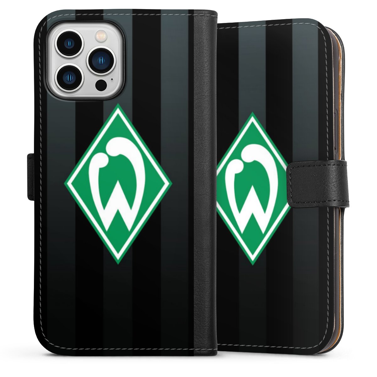 iPhone 13 Pro Max Handy Klapphülle Handyhülle aus Kunst Leder schwarz Flip Case Stripes Sv Werder Bremen Official Licensed Product Sideflip mit Lasche