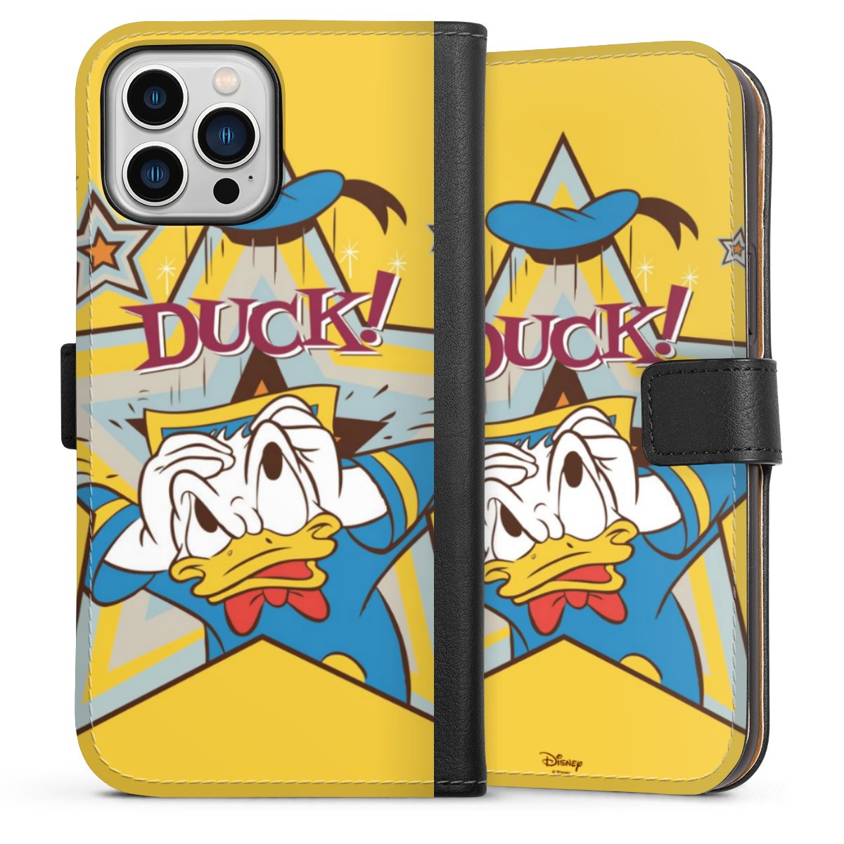 iPhone 13 Pro Max Handy Klapphülle Handyhülle aus Kunst Leder schwarz Flip Case Official Licensed Product Donald Duck Disney Sideflip mit Lasche