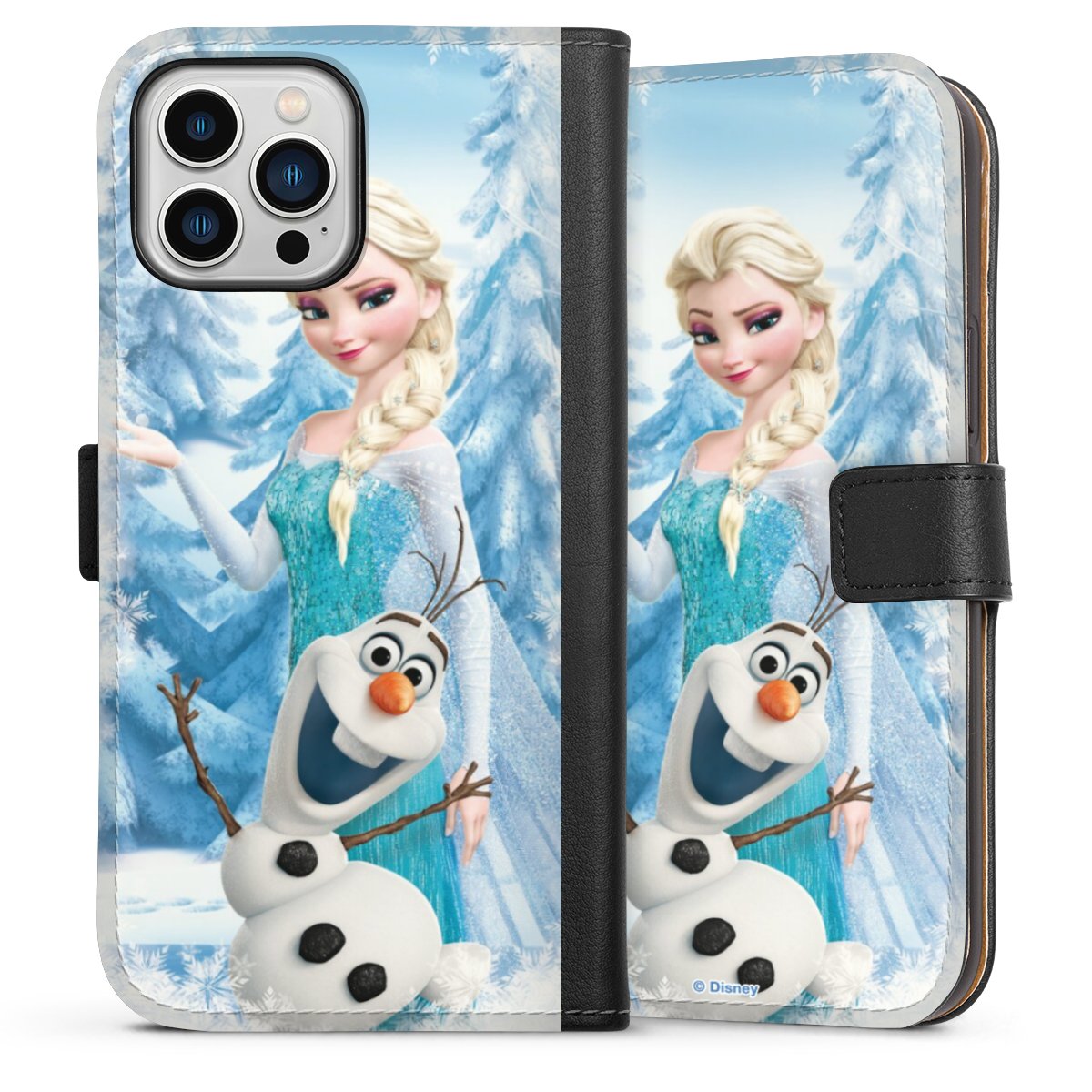 iPhone 13 Pro Max Handy Klapphülle Handyhülle aus Kunst Leder schwarz Flip Case Official Licensed Product Frozen Elsa Disney Sideflip mit Lasche