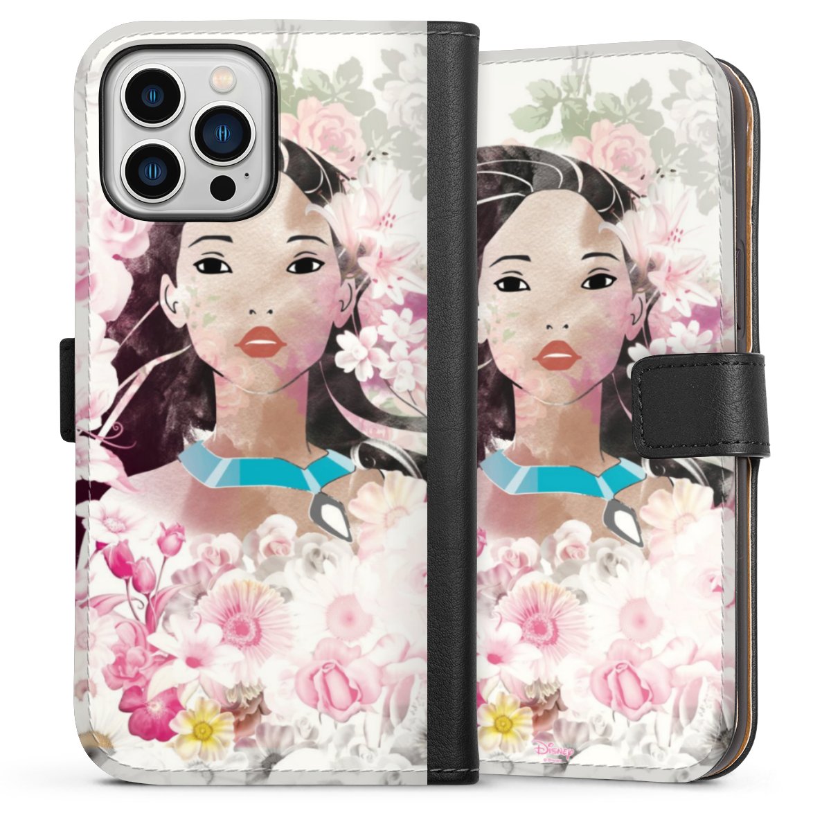 iPhone 13 Pro Max Handy Klapphülle Handyhülle aus Kunst Leder schwarz Flip Case Pocahontas Official Licensed Product Disney Sideflip mit Lasche