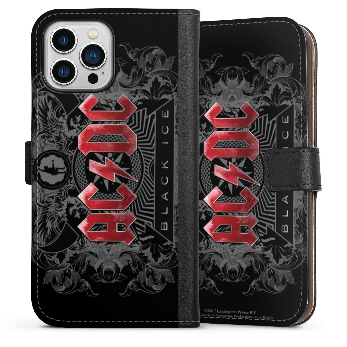 iPhone 13 Pro Max Handy Klapphülle Handyhülle aus Kunst Leder schwarz Flip Case Merchandise Black Ice Acdc Sideflip mit Lasche