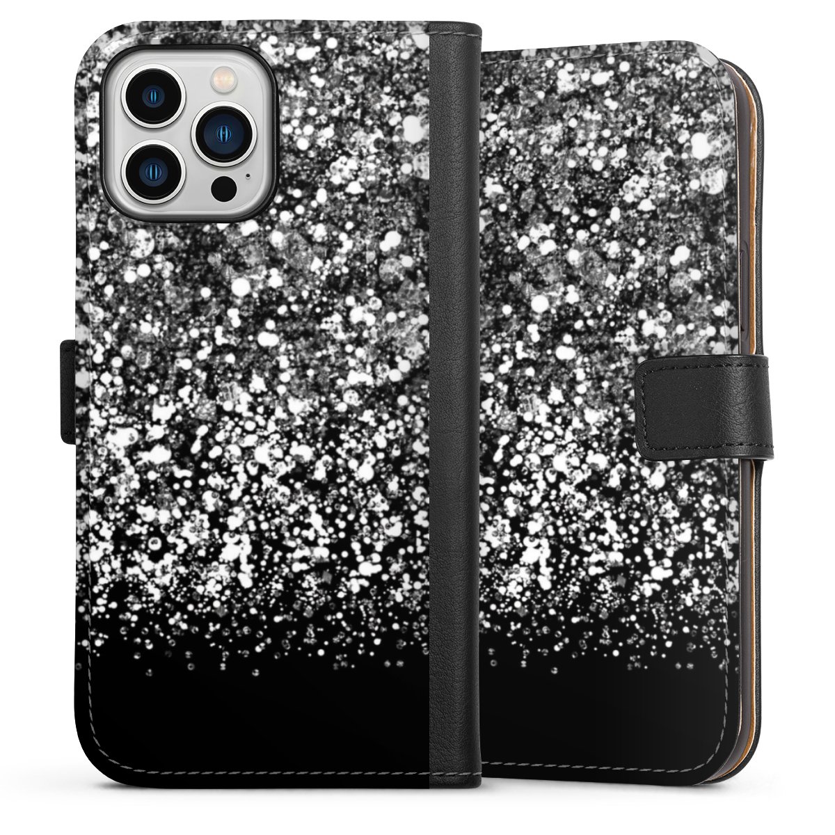 iPhone 13 Pro Max Handy Klapphülle Handyhülle aus Kunst Leder schwarz Flip Case Glitzer Snowflake Muster Sideflip mit Lasche