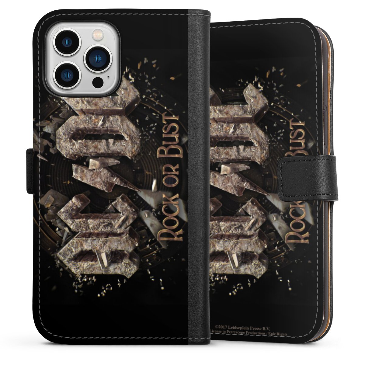 iPhone 13 Pro Max Handy Klapphülle Handyhülle aus Kunst Leder schwarz Flip Case Acdc Official Licensed Product Rock Or Bust Sideflip mit Lasche