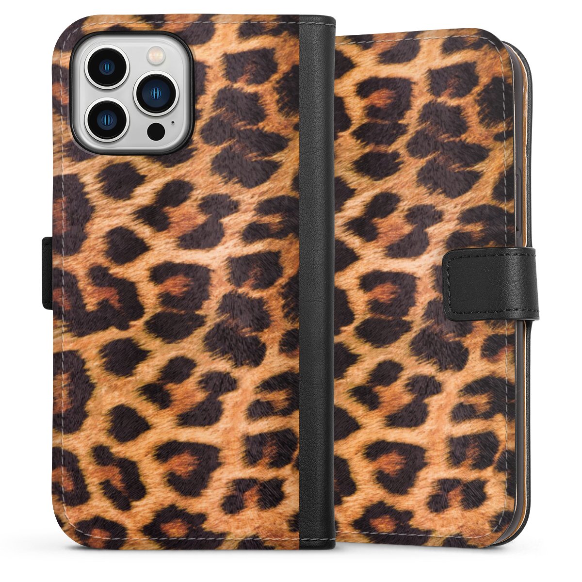 iPhone 13 Pro Max Handy Klapphülle Handyhülle aus Kunst Leder schwarz Flip Case Animal Print Leopard Fur Sideflip mit Lasche