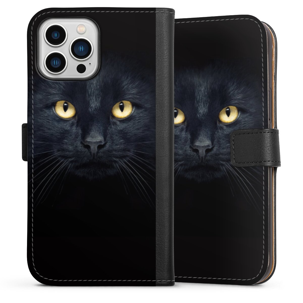 iPhone 13 Pro Max Handy Klapphülle Handyhülle aus Kunst Leder schwarz Flip Case Eye Cat Black Sideflip mit Lasche