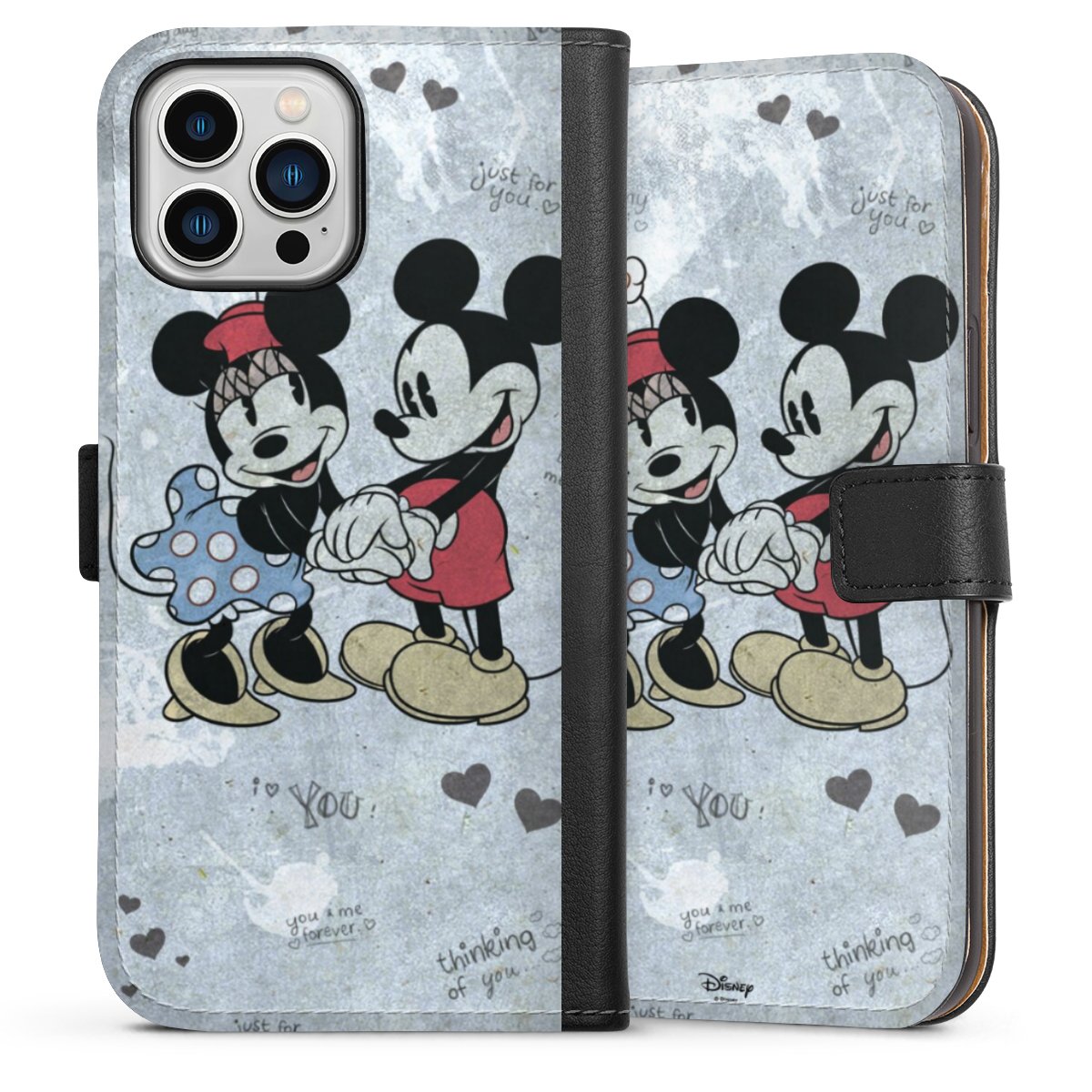 iPhone 13 Pro Max Handy Klapphülle Handyhülle aus Kunst Leder schwarz Flip Case Mickey & Minnie Mouse Vintage Disney Sideflip mit Lasche