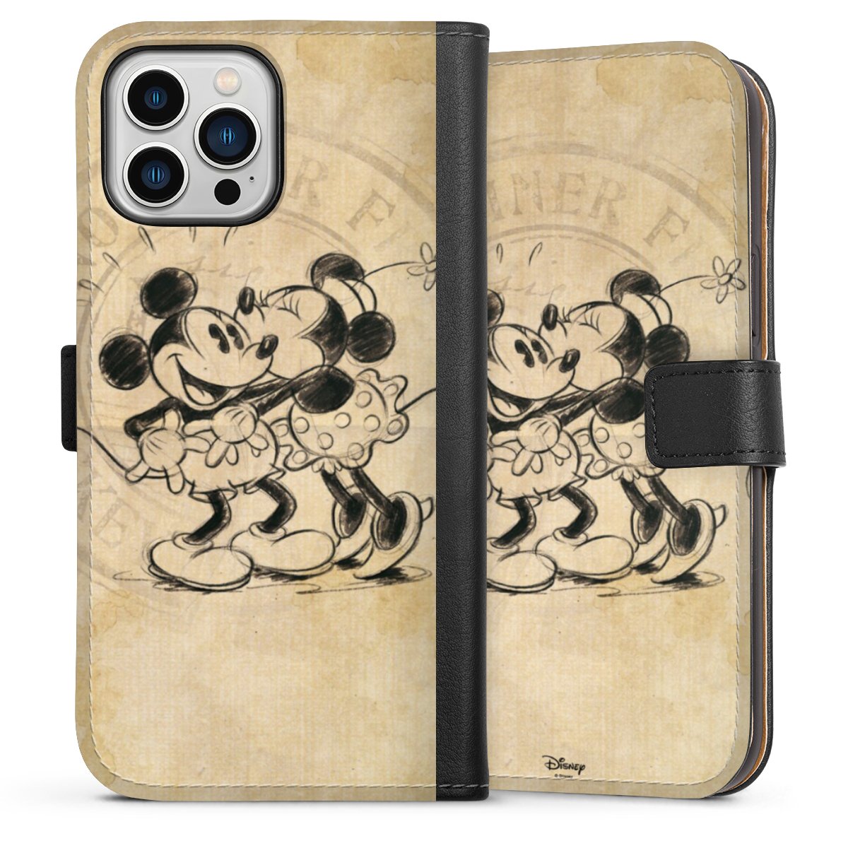 iPhone 13 Pro Max Handy Klapphülle Handyhülle aus Kunst Leder schwarz Flip Case Mickey Mouse Vintage Minnie Mouse Sideflip mit Lasche