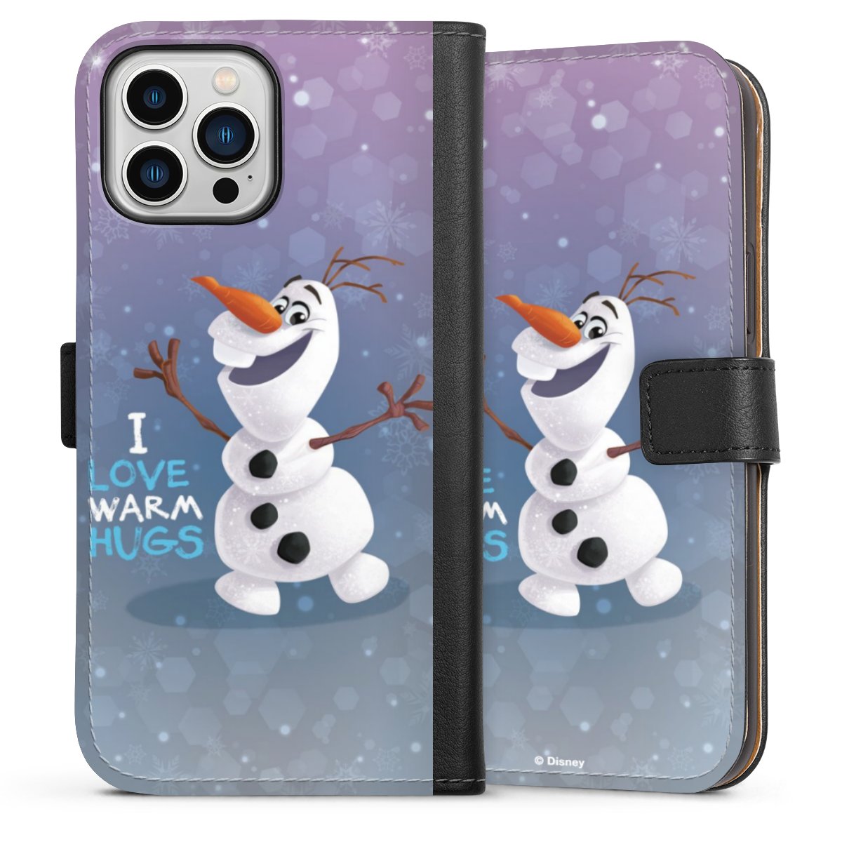 iPhone 13 Pro Max Handy Klapphülle Handyhülle aus Kunst Leder schwarz Flip Case Frozen Frozen Olaf Official Licensed Product Sideflip mit Lasche