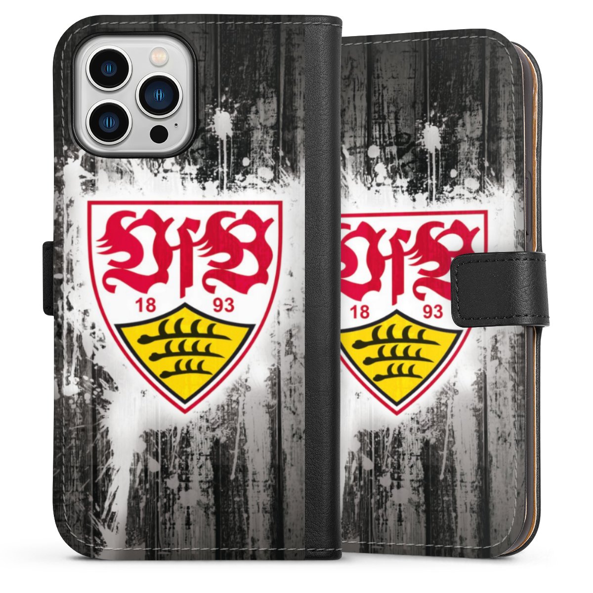 iPhone 13 Pro Max Handy Klapphülle Handyhülle aus Kunst Leder schwarz Flip Case Vfb Stuttgart Official Licensed Product Sideflip mit Lasche