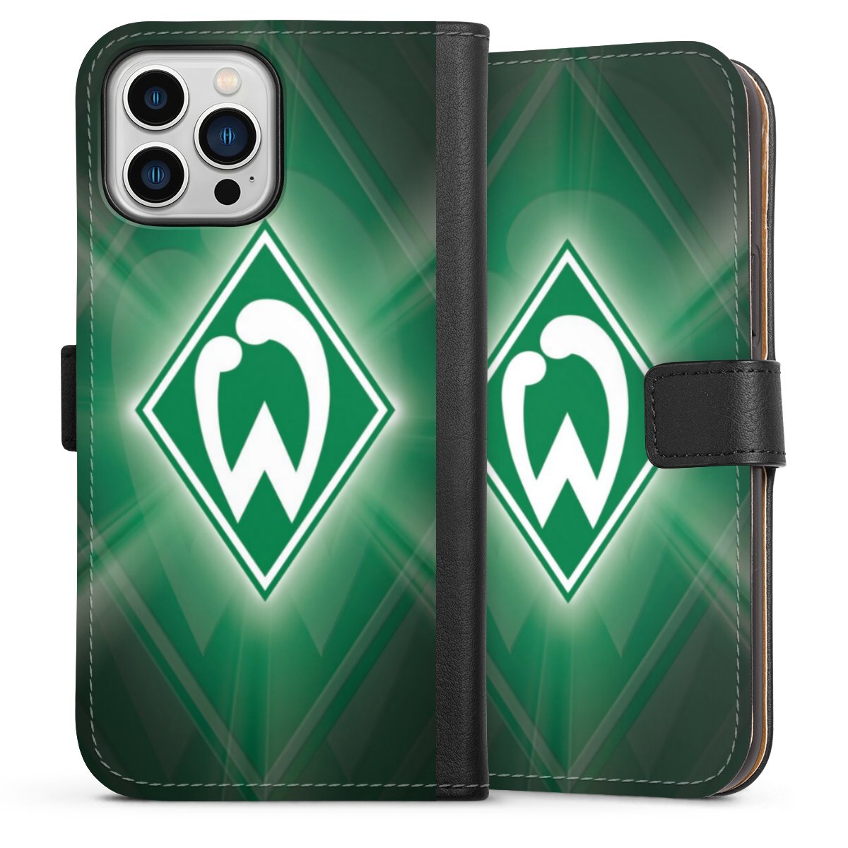 iPhone 13 Pro Max Handy Klapphülle Handyhülle aus Kunst Leder schwarz Flip Case Sv Werder Bremen Official Licensed Product Coat Of Arms Sideflip mit Lasche