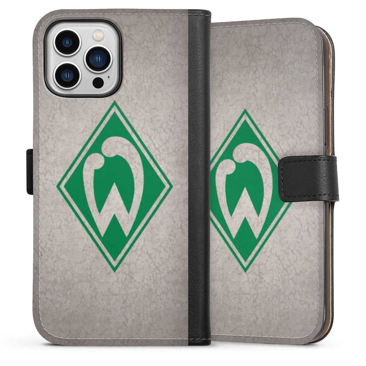 iPhone 13 Pro Max Handy Klapphülle Handyhülle aus Kunst Leder schwarz Flip Case Sv Werder Bremen Concrete Official Licensed Product Sideflip mit Lasche