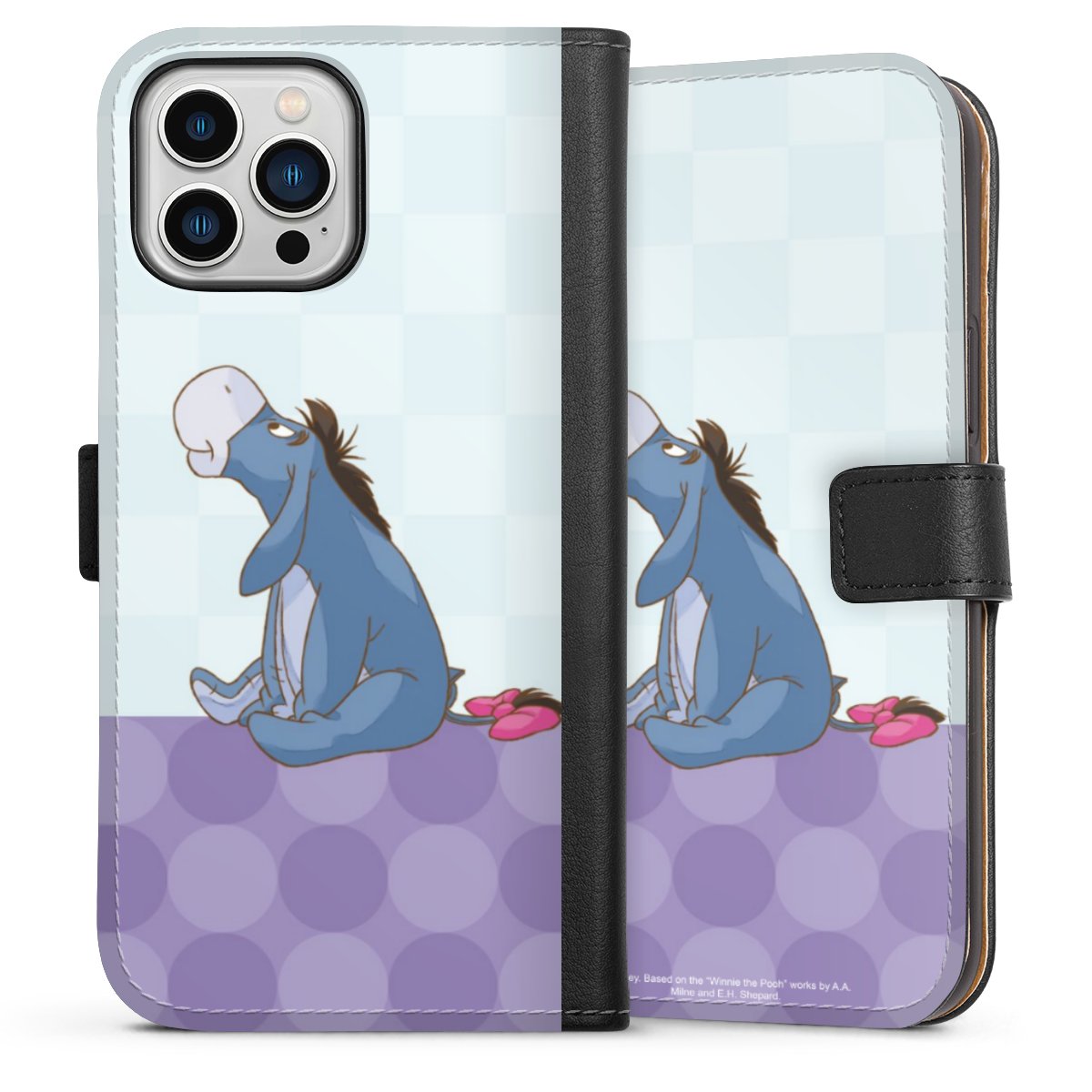 iPhone 13 Pro Max Handy Klapphülle Handyhülle aus Kunst Leder schwarz Flip Case Disney Donkey Winnie The Pooh Sideflip mit Lasche