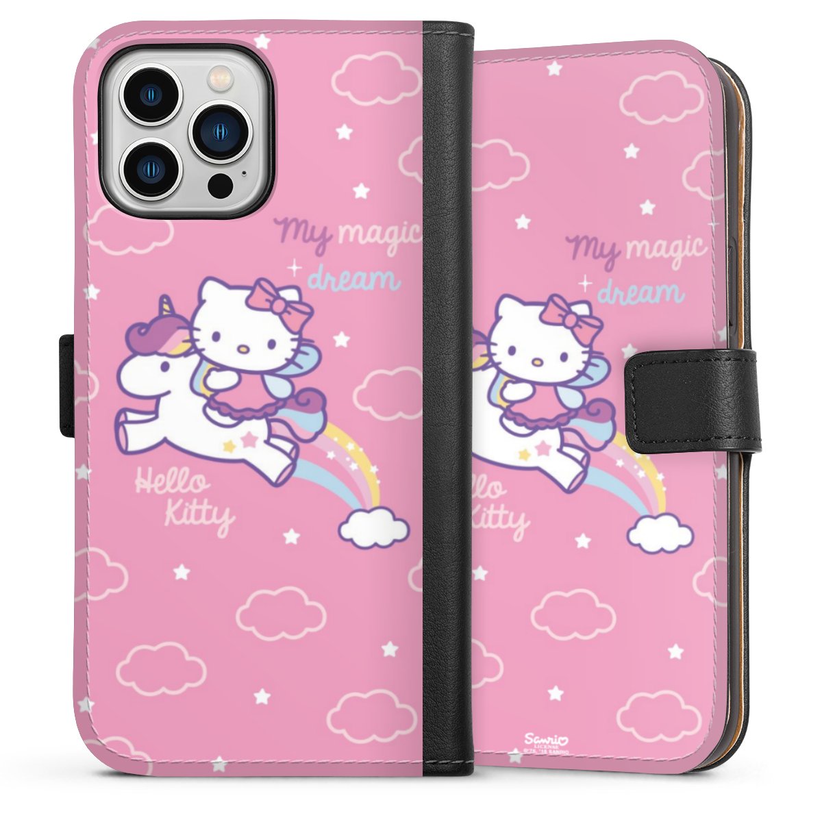 iPhone 13 Pro Max Handy Klapphülle Handyhülle aus Kunst Leder schwarz Flip Case Einhorn Official Licensed Product Hello Kitty Sideflip mit Lasche