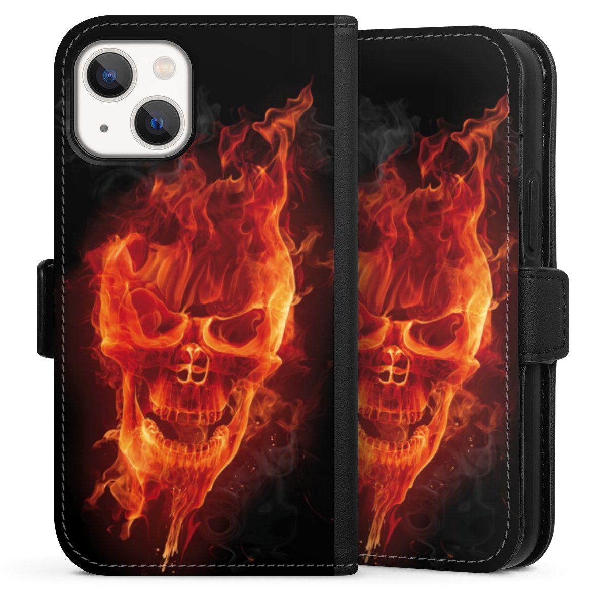 iPhone 13 Mini Handy Klapphülle Handyhülle aus Kunst Leder schwarz Flip Case Totenkopf Skull Fire Sideflip mit Lasche