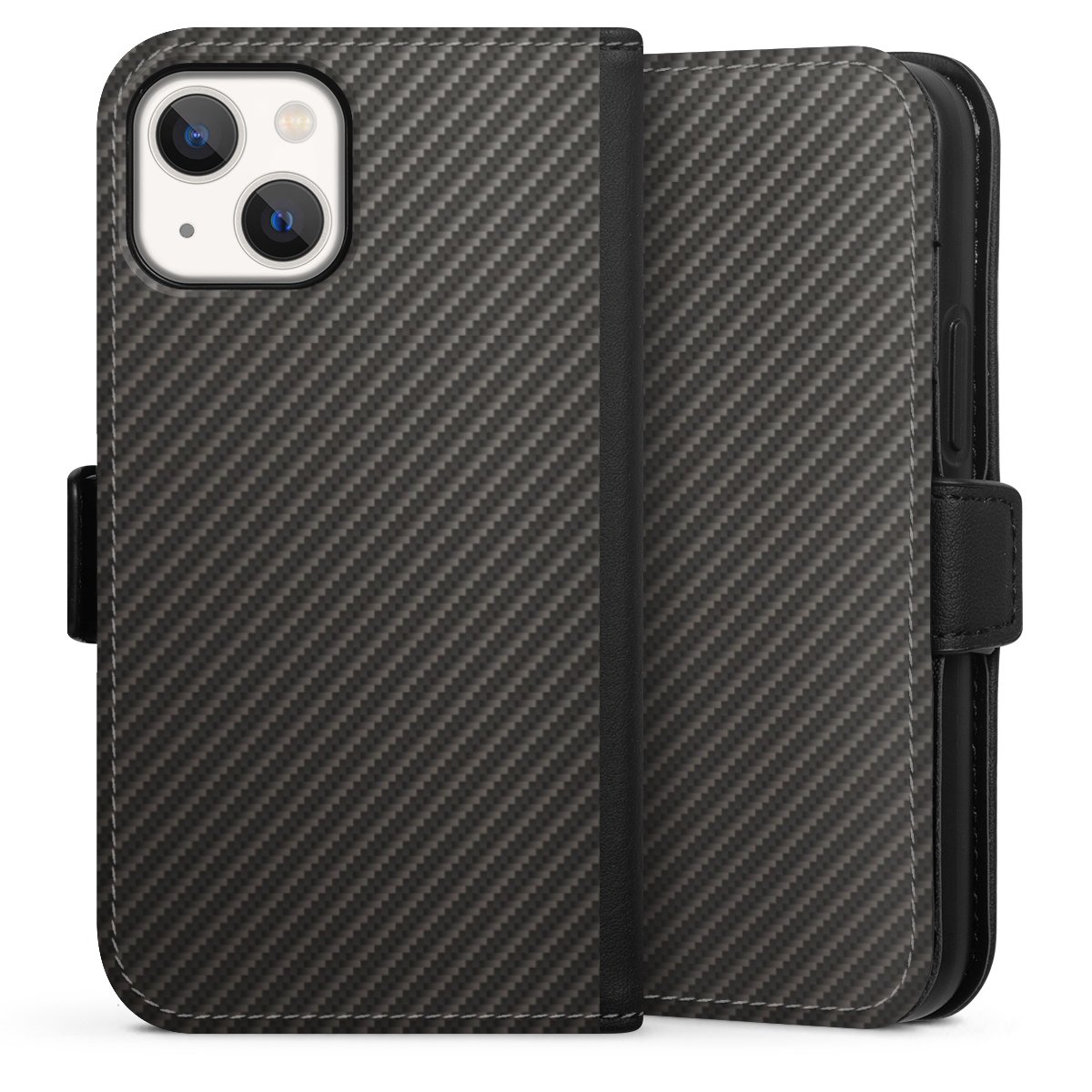 iPhone 13 Mini Handy Klapphülle Handyhülle aus Kunst Leder schwarz Flip Case Metallic Look Carbon Muster Sideflip mit Lasche