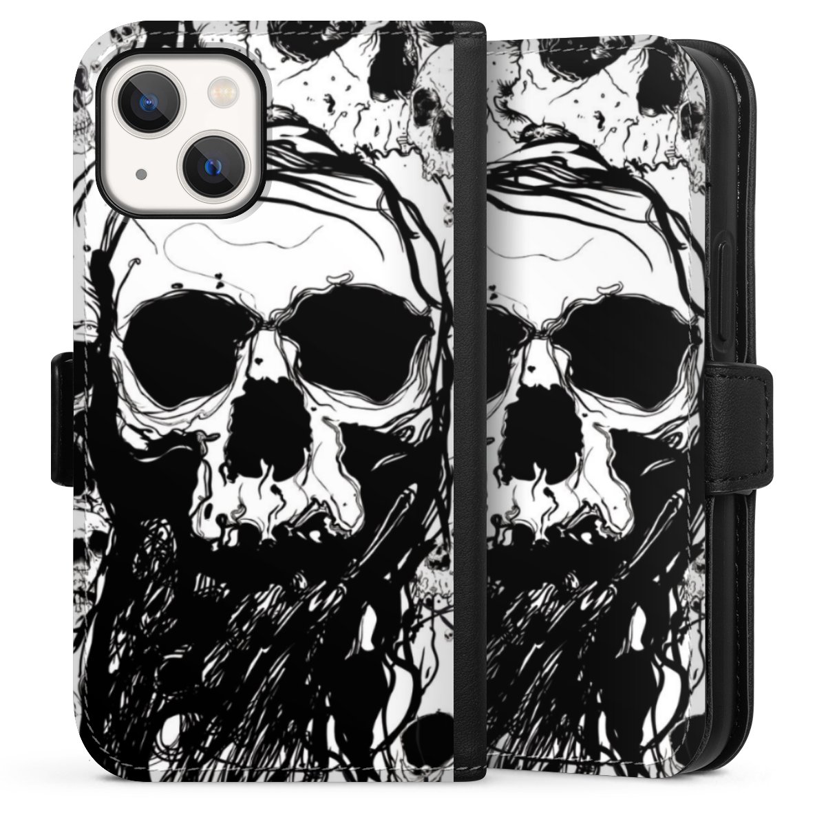 iPhone 13 Mini Handy Klapphülle Handyhülle aus Kunst Leder schwarz Flip Case Totenkopf Halloween Sideflip mit Lasche